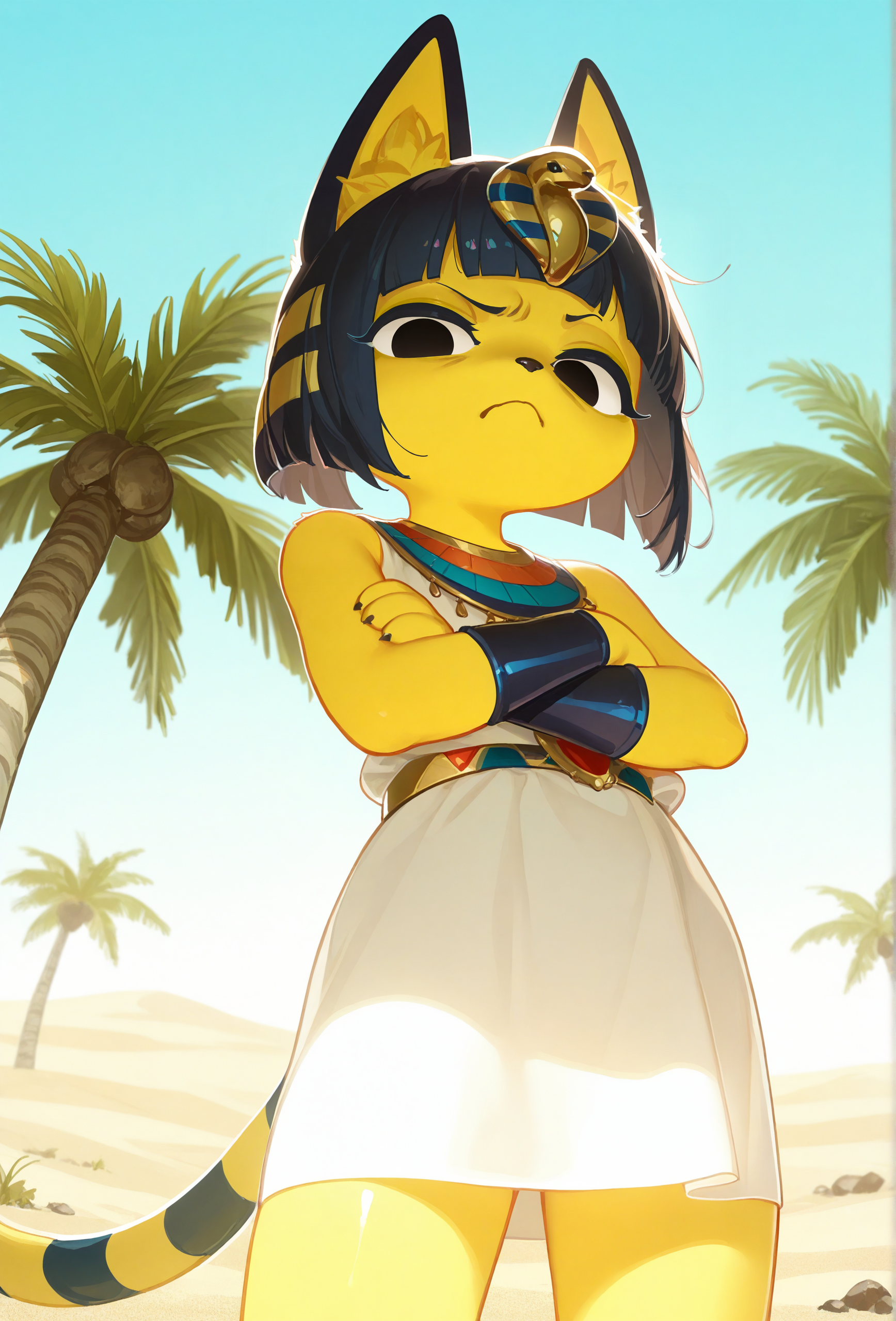 masterpiece,best quality,amazing quality, <lora:antifreez3_style_illustrious_v1f:1> afz3style, 1girl, furry, ankha \(animal crossing\), (disgust:1.2), looking at viewer, animal ears BREAK
white dress, sleeveless, usekh collar, low angle, desert, palm tree