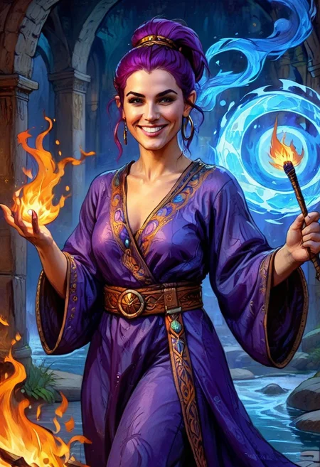 fantasy art, art, oil painting, digital painting, a medium color portrait illustration of an female purple-haired wizard with a ponytail wearing long loose flowing intricately embroidered blue caftan smiling, (casting a spell)masterpiece, best quality, highly detailed (dungeon background), mage_glam, pouches, belts, (large glowing runed circles), ((fire and ice)), <lora:blackMageFashion_v11:0.5>, highly detailed face, ultra high resolution ,