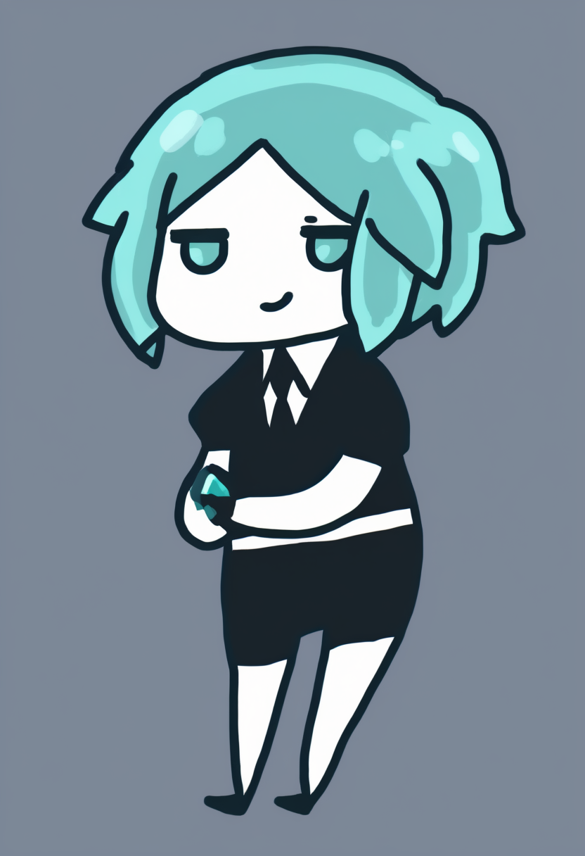 chibi, masterpiece, best quality, <break> simple background, full body, solo, 1other, phosphophyllite, houseki no kuni, smirk, short hair, aqua hair, gem uniform \(houseki no kuni\)