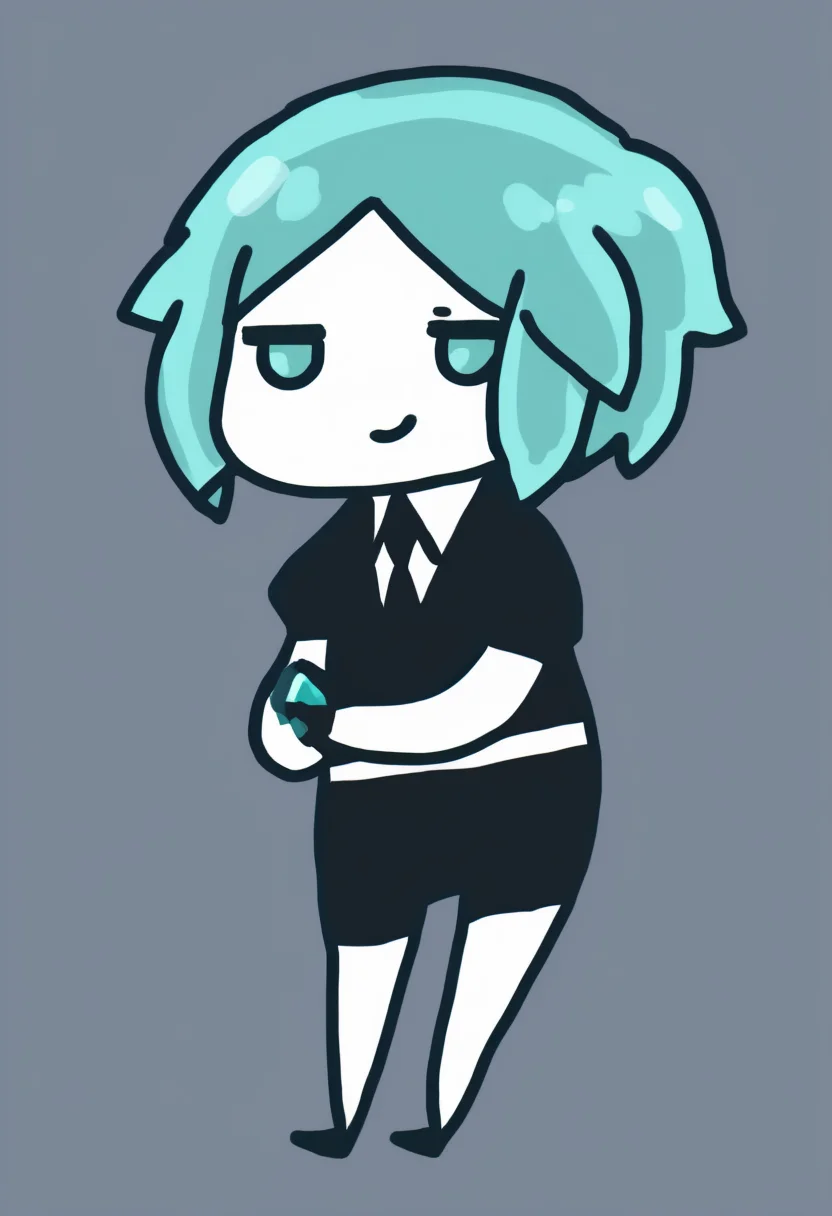 chibi, masterpiece, best quality, <break> simple background, full body, solo, 1other, phosphophyllite, houseki no kuni, smirk, short hair, aqua hair, gem uniform \(houseki no kuni\)