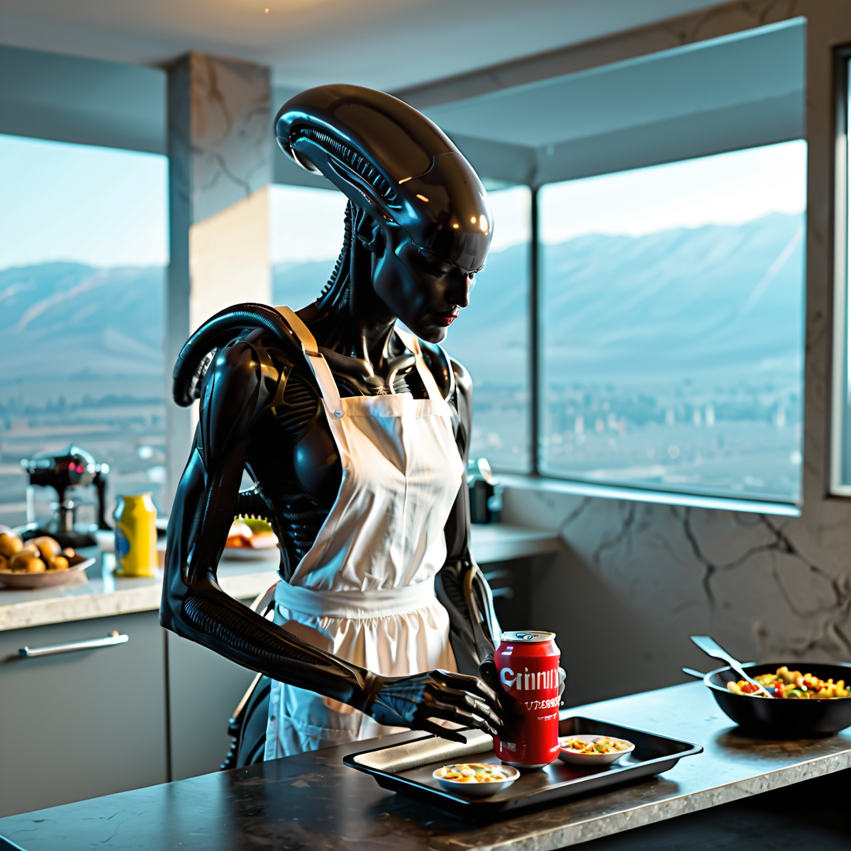 score_9, score_8_up,
This captivating fantasy picture portrays an eerie female xenomorph cooking a stew from small metallic parts like screws and springs on a minimalistic and ultra-futuristic kitchen with cybernetic helper-bots flying around.',
        'The xenomorph wife is using cooking devices from the distant future, adding a surreal element to the scene.',
        'There is a metallic powder covering the cooking table, enhancing the otherworldly atmosphere.',
        'The picture is featured with a simulation of analog film photography, complete with noticeable film grain and aberration effects, reminiscent of the 1990s or early 2000s.',
        'The color grading mimics the colors and light effects of real analog photographs.',
        'A shallow depth of field with a swirly bokeh, noticeable gloom, and dust floating in the air adds to the eerie ambiance.',
        'The scene takes place at early morning, illuminated by cool, soft, and dreamy light from a futuristic village window.',
        'The xenomorph woman is wearing a white housewife cook apron with lace, showcasing her perfectly fit, feminine body with black xenomorph appearance.
BREAK The central figure of the image is an eerie female xenomorph, meticulously preparing a stew from small metallic parts like screws and springs.',
        'She is dressed in a white housewife cook apron with lace, which contrasts with her black xenomorph appearance.',
        'Her body is perfectly fit and feminine, with cybernetic enhancements that add to her otherworldly presence.',
        'The xenomorph woman is using cooking devices from the distant future, which are sleek and ultra-modern.',
        'Her movements are precise and mechanical, yet there is a subtle grace in her actions.',
        'The metallic powder on the table around her adds to the surreal atmosphere.
BREAK On the left side of the image, slightly to the upper-left, a group of cybernetic helper-bots can be seen flying around.',
        'These bots are sleek and metallic, with glowing blue lights that add a futuristic touch to the scene.',
        'They move with a fluid grace, their movements synchronized and precise.',
        'Each bot has intricate designs etched into its metallic surface, showcasing advanced technology.',
        'The helper-bots are essential in the cooking process, assisting the xenomorph woman with various tasks.
BREAK On the right side of the image, slightly to the lower-right, a futuristic village window can be seen.',
        'The window is made of a transparent material with sleek, metallic frames.',
        'Through the window, cool, soft, and dreamy light from the early morning can be seen, illuminating the scene.',
        'The village outside is a blend of futuristic architecture and natural elements, creating a harmonious balance between technology and nature.
BREAK At the bottom of the image, slightly to the lower-left, there is a layer of metallic powder covering the cooking table.',
        'The powder glimmers subtly under the soft light, adding a touch of realism to the surreal scene.',
        'The metallic particles are finely detailed, reflecting the advanced technology of the setting.',
        'The powder enhances the overall eerie and otherworldly atmosphere of the image, making the cooking process appear even more futuristic and surreal.
BREAK At the top of the image, slightly to the upper-right, the film grain and aberration effects are prominently visible.',
        'These effects simulate the look of analog film photography from the 1990s or early 2000s, adding a nostalgic and vintage touch to the image.',
        'The film grain is noticeable, with subtle distortions and aberrations that enhance the overall atmosphere of the scene.',
        'These effects give the image a sense of history and depth, making it feel like a snapshot from a bygone era.
<lora:- SDXL - vanta-black_contrast_V3.0:0.43> <lora:sss:1.3> <lora:Meostigmat_f1.7_100mm:0.33> <lora:Gl1tchBasalt-000021:0.16> Gl1tchBasalt
BREAK  SK_CINEMATIC zPDXL2 ImgFixerPre0.3
