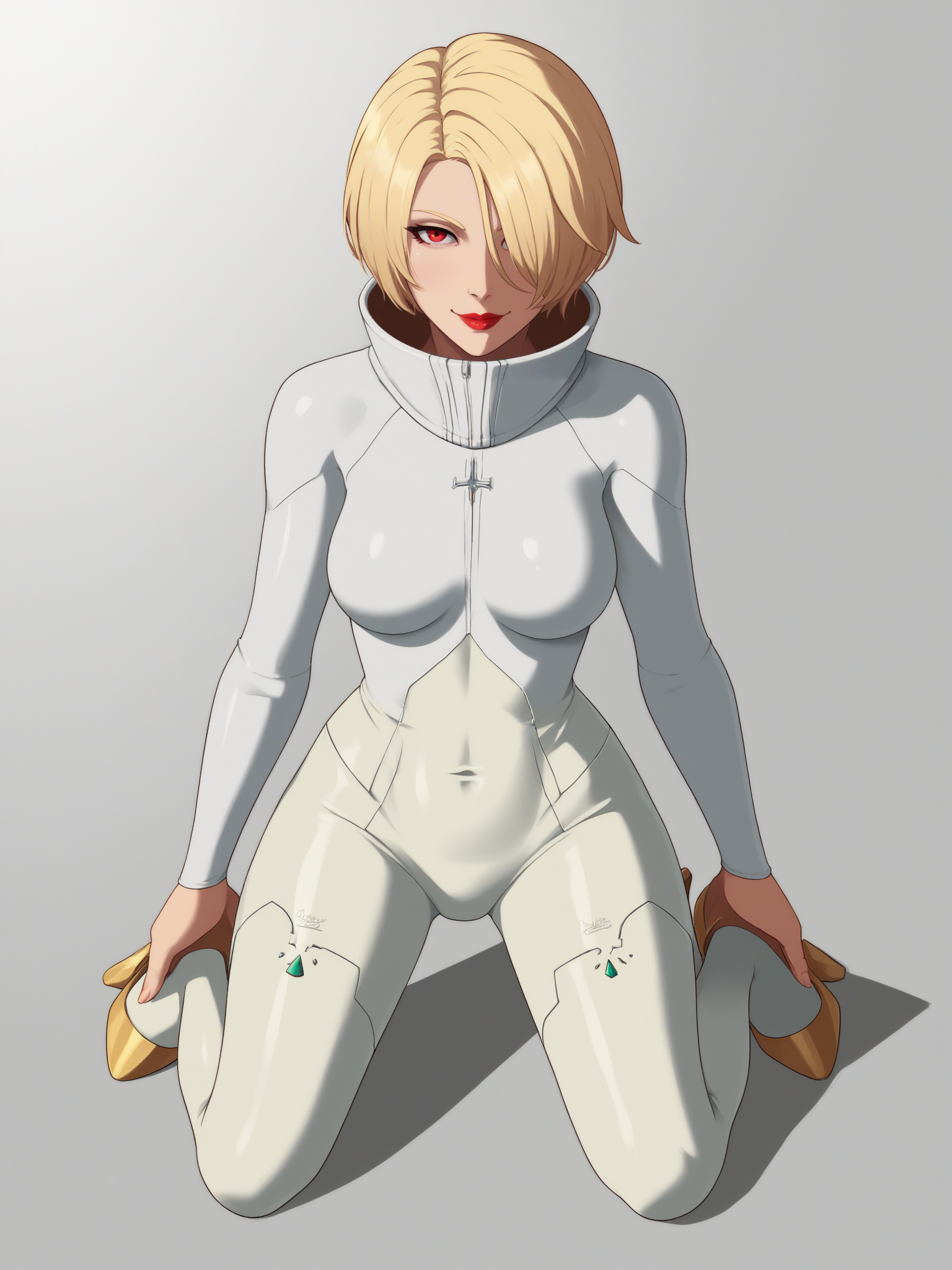 uncensored, score 9 up, score 8 up,
 <lora:Guilty_Gear_Strive_Sanctus_Maximus_Populi_Ariels_Character_PonyXL:.6>sanctus_maximus_populi_ariels_strive, 1girl, short hair, blonde hair, high collar, hair over one eye, white bodysuit, looking at viewer, red eyes, long sleeves, smile, lipstick, skin tight, red lips, makeup, high heels, medium breasts