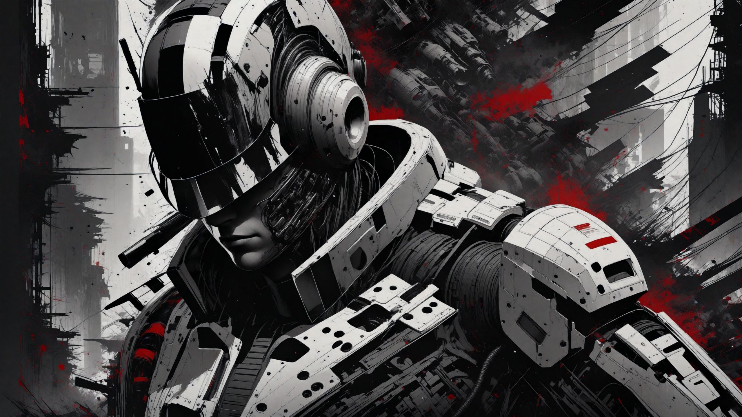 rsmls,a cyborg police force fights against crime,monochrome,masterpiece,messy,surreal,abstract,high contrast,awardwinning,8k,trending on artstation and deviantart <lora:RussMillsXL:1>,wallpaper,style of russ mills