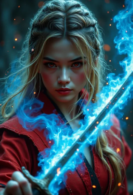 A woman in red qipao wields a glowing blue katana engulfed in blue flames. Her long yellow hair partially obscures her intense, red-eyed gaze. Sparks and embers fly around her in the dimly lit, blurred background. realistic, cosplay, high contrast, and saturated colors.