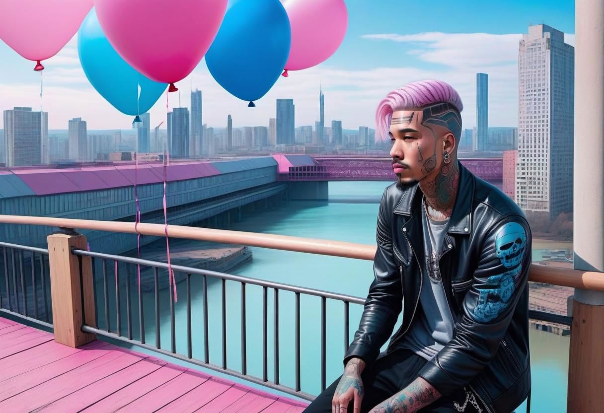 anime, a man with tattoos on his face rested on the railing of a bridge, city day, holiday, pink and blue balloons, a bridge with wooden columns and arches, a wooden floor ,(((light silver hair))), 
a couple of large buildings, pink background, day, tall buildings, cyberpunk, cyberpunk art, retrofuturism<lora:Cyberpunk _Anime_sdxl:1.0>, vfx environment, ambient occlusion, highlights, corect eyes, black jacket with bedding,(((high - rise buildings)))