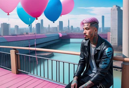 anime, a man with tattoos on his face rested on the railing of a bridge, city day, holiday, pink and blue balloons, a bridge with wooden columns and arches, a wooden floor ,(((light silver hair))),
a couple of large buildings, pink background, day, tall buildings, cyberpunk, cyberpunk art, retrofuturism<lora:Cyberpunk _Anime_sdxl:1.0>, vfx environment, ambient occlusion, highlights, corect eyes, black jacket with bedding,(((high - rise buildings)))
