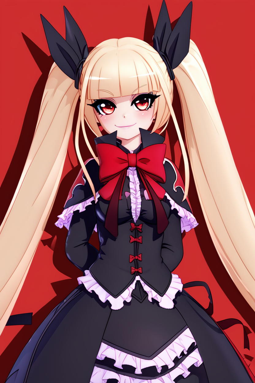 score_9, score_8_up, score_8, medium breasts, (curvy), cute, eyelashes,       ,,, , ,,,  zzRachel, long hair, blonde hair, red eyes, twintails, very long hair, bow, ribbon, hair ribbon, red bow, black dress, frills, <lora:RachelAlucard_PDXL:1.0>, hands behind back, leaning forward,  ,,,, BREAK, smile, closed mouth, looking at viewer, cowboy shot,  ,,, embedding:zPDXL, Expressiveh, ,,, <lora:MantisStyle_PDXL_v2:0.8>, <lora:SDXLFaeTastic2400:0.5>, <lora:Expressive_H-000001:0.4>,