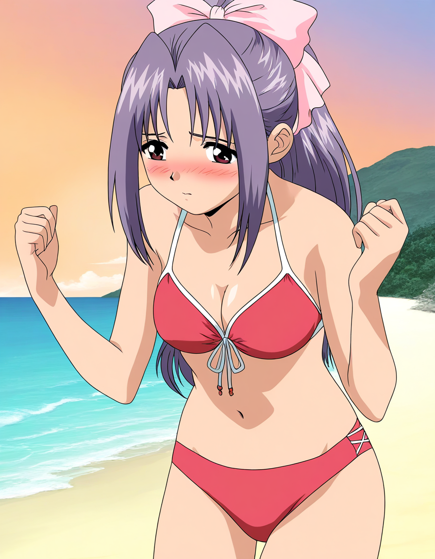 general,highres, game cg, ultra-detailed,very aesthetic,best quality ,best hands,  BREAK <lora:koigakubo_Momoko_IS:1>koigakubo_Momoko, solo, purple hair, long hair, hair bow, brown eyes, ponytail, pink bow, 
blush,   swimsuit, summer, beach, sea, cowboy shot,  breasts, cleavage,
anime coloring,