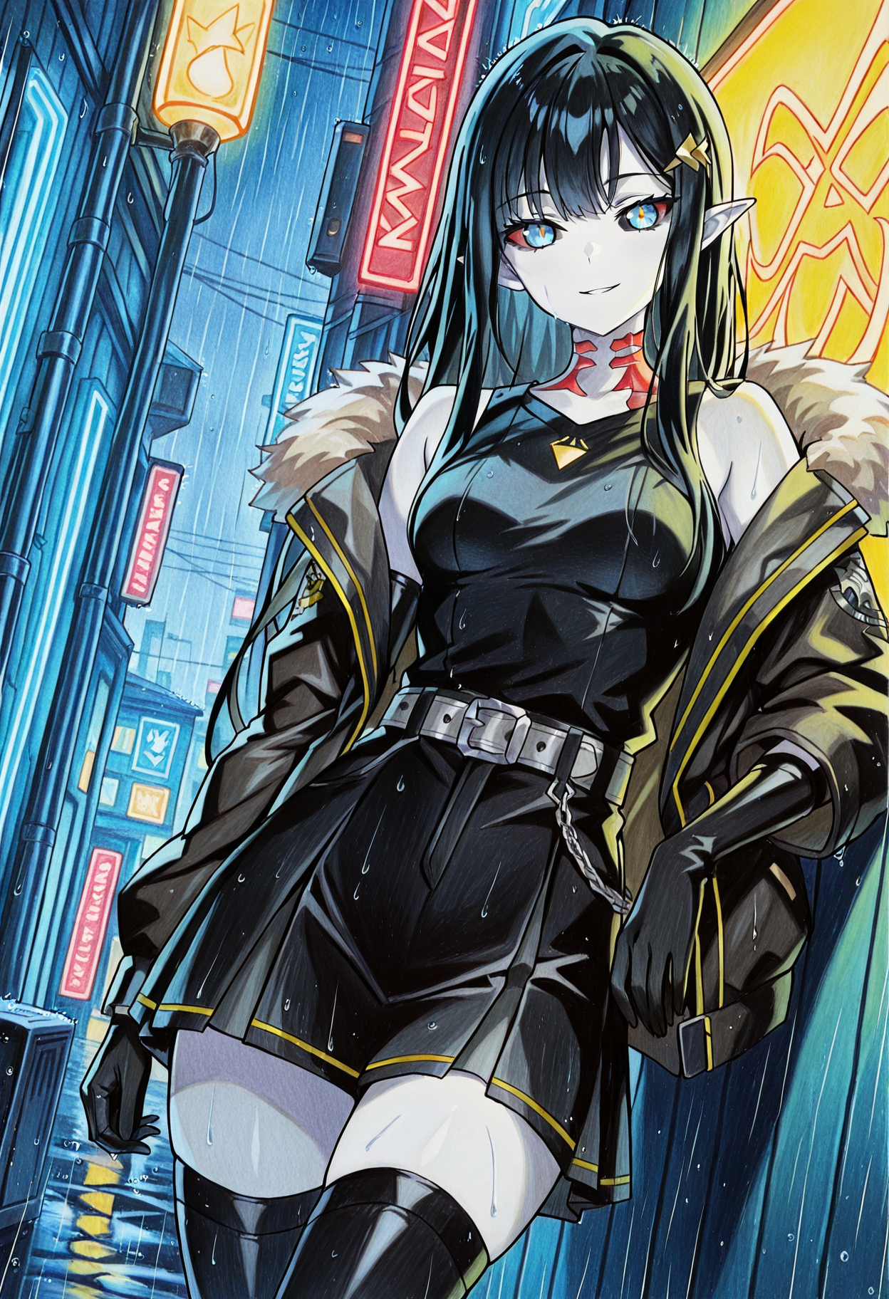 1girl, pointed ears, black hair, long hair, blue eyes, black sclera, colored skin, white skin, red gills on neck, small breasts,
black gloves, black shorts, black shirt, black thighhighs, gloves, black skirt, grey belt, fur-trimmed jacket, elbow gloves, fur trim, hair ornament, open jacket, emblem,
Seducive smile, look at viewer, leaning at wall, toward to viewer, neon wall, neon lamp, yellow neon
in alley, rain, yellow stars
colorpencilstyle, color pencil art, <lora:Hanran_Non_artist_style:1>,