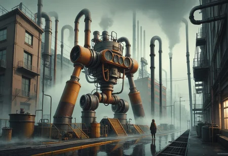 Score_9,Score_8, industrial world, fog, machinery, pipes, woman standing in a city park