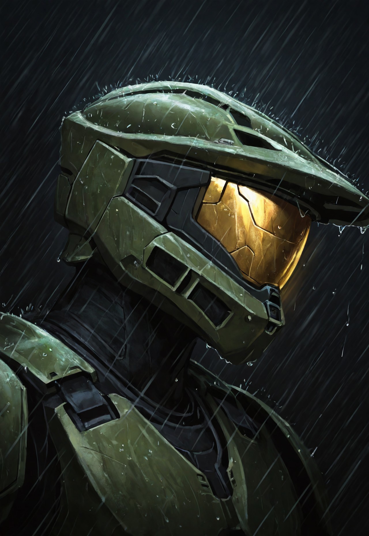 masterpiece, best quality, amazing quality, very aesthetic, absurdres, newest, detailed background, 5partan, 1boy, solo, green armor, helmet, yellow visor, portrait, raining, dark, no eyes, from side, three quarter view