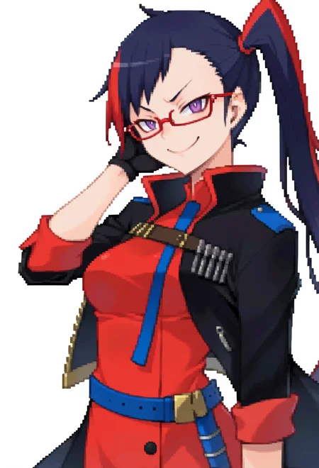 score_9, score_7_up, source_anime, solo, BREAK <lora:zs_DevilSurvivorPortraitsXL:1> devilsurvivorportraits, portraits, white background,, smug smile, 1girl, purple eyes, red-framed eyewear, black hair, red colored tips, red streaked hair, very long hair, side ponytail, tied hair, medium breasts, red colored tips, jacket on shoulders, red dress, sleeves rolled up, fingerless gloves, holster, belt, multiple belts, combat boots, pants under dress, black coat,