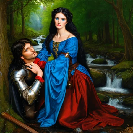 (masterpiece, best quality, highly detailed, realistic), professional portrait of preraph as morgan le fay enchantong a male knight who os kneeling before her, working her magic with jer hand on the bacll of his neck, medieval garb, beautiful woodland stream, long black hair, blue eyes, facing the viewer, very close up, knoght on hos knees in the foreground looking at preraph,
<lora:Pre-Raphaelite_Model_SDXL:1> preraph