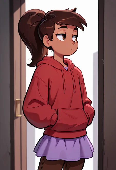 masterpiece, best quality, very aesthetic, absurdres, 1 boy, solo, Marco_Diaz, brown skin, brown eyes, brown hair, long hair, ponytail, purple dress, red hoodie, brown pants, standing, mole under one eye, <lora:Smooth_Booster_v2:0.25>, <lora:Marco_Diaz_SVTFOE__Illustrious:1>, <lora:TheOtherHalf_pXL:1>