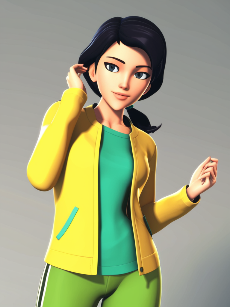 score_9, score_8_up, score_7_up, score_6_up, BREAK masterpiece, perfect face, perfect hands, high quality, source_cartoon, BREAK (1girl, solo,) <lora:June_Darby_-_Transformers_Prime:1> june, black hair, short hair, black eyes, low ponytail, (3D, cgi,)yellow open jacket, green shirt, green pants,