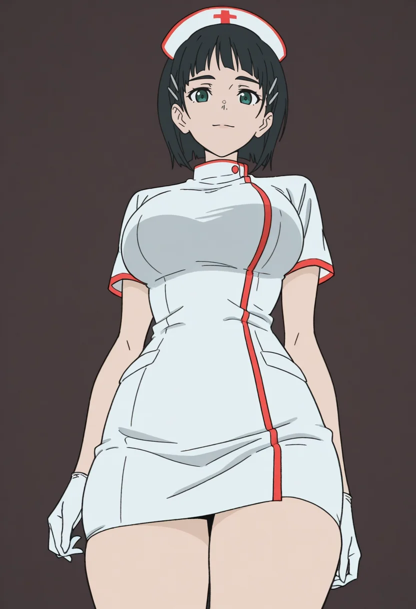 masterpiece, best quality, <lora:Devilman_Babycry:1> D3v1lm4nB4b1cr1,
1girl, solo,
From below
looking at viewer, light smile,
kirigaya suguha, short hair, green eyes, black hair, hair ornament,
nurse cap, nurse, miniskirt, gloves, skindentation, see-through clothes,
simple background, dark brown background,