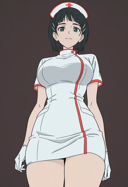 masterpiece, best quality, <lora:Devilman_Babycry:1> D3v1lm4nB4b1cr1,
1girl, solo,
From below
looking at viewer, light smile,
kirigaya suguha, short hair, green eyes, black hair, hair ornament,
nurse cap, nurse, miniskirt, gloves, skindentation, see-through clothes,
simple background, dark brown background,