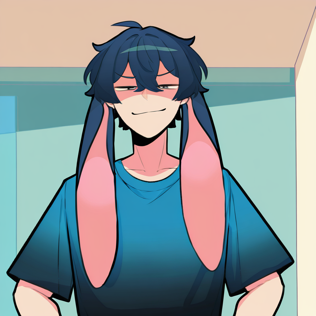 highres, best quality, masterpiece, very aesthetic, newest, <lora:HyperIllusrtrious2:1>,hyper   ears,1boy,solo,indoors,upper body,t-shirt,smug,male focus,cropped