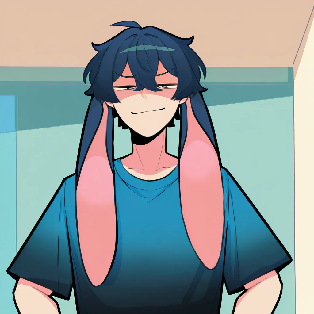 highres, best quality, masterpiece, very aesthetic, newest, <lora:HyperIllusrtrious2:1>,hyper   ears,1boy,solo,indoors,upper body,t-shirt,smug,male focus,cropped