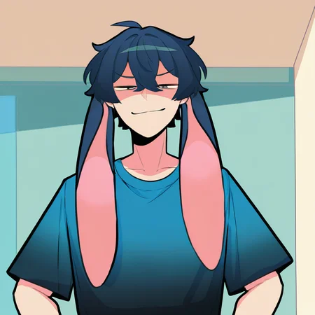 highres, best quality, masterpiece, very aesthetic, newest, <lora:HyperIllusrtrious2:1>,hyper ears,1boy,solo,indoors,upper body,t-shirt,smug,male focus,cropped