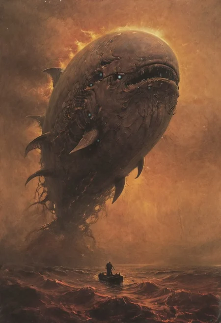 best quality,masterpiece,solo,A mechanical whale swims in an oil-black ocean,worm metal,rust,detailed reflections,waves,caustics,glow,energy sparks,mist,strong light beams, surreal and dystopian, post-apocalypse, by zdzislaw beksinski,Marc Simonette,franz marc, Thunderstorm, Renaissance, Cryptic, (Sepia), (Space), (Pointillism), (Infrared:1.2), Polygon, ultra detailed, intricate, oil on canvas, dry brush, (surrealism), (disturbing), dramatic lighting, professional, excellent composition, ultimate detail level, visualy stunning, mesmerizing and otherworldly visual experience, unprecedented, extraordinary, innovative, experimental, visionary, boundary-pushing, beyond reality absolutely outstanding, dynamic, (double exposure), very detailed background