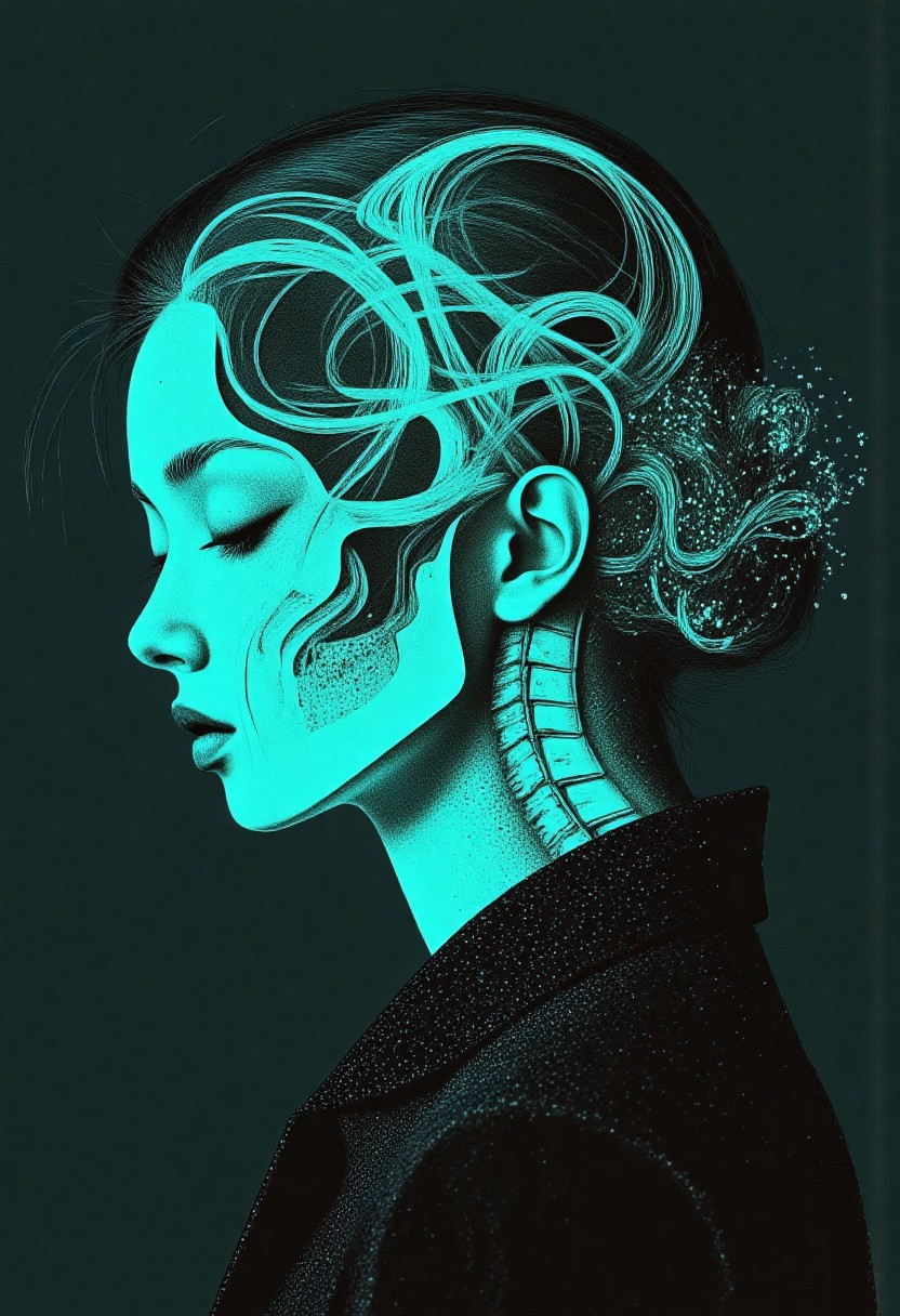 A duotone illustration featuring a right-facing profile portrait cartoon of a Korean woman wearing a black formal jacket, with exposed skeletal structure including the skull, jaw, and upper spine rendered in bright turquoise against a dark cyan background. The cartoon-style anatomical elements show precise bone structure detail while maintaining a stylized, graphic illustration aesthetic. Flowing turquoise energy wisps and particles drift around the female figure in the duotone color scheme. The profile view emphasizes the delicate feminine bone structure and jawline with bold, clean lines typical of cartoon illustration style. The entire image has a grainy, textured overlay suggesting film grain. High contrast turquoise duotone illustration with sharp linework and prominent film grain texture.