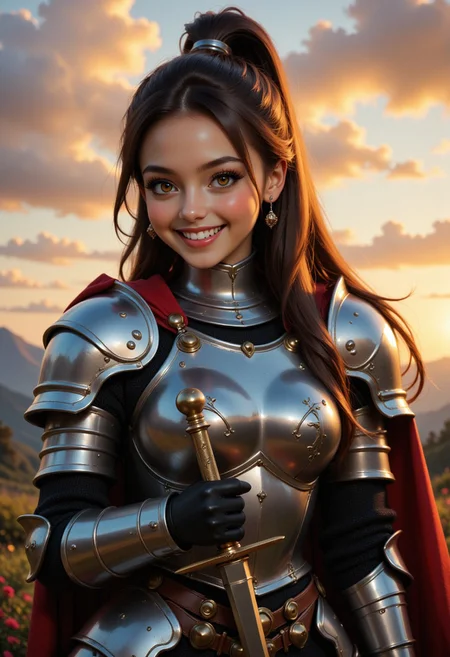 A photorealistic image of a brown woman with brown eyes wearing a full-body armor set with a red cape. She stands confidently with a sword in her hand, smiling happily. The background features a sunset with orange and yellow hues and mountains in the distance. The style is semi-realistic, focusing on detailed textures and shading. The woman is positioned in the center of the image, with the sun setting behind her, casting a warm glow over the scene. 1girl, solo, long hair, breasts, looking at viewer, open mouth, brown eyes, large breasts, brown hair, gloves, holding, jewelry, standing, ponytail, weapon, outdoors, cowboy shot, earrings, teeth, sky, black gloves, cloud, sword, blunt bangs, holding weapon, cape, armor, upper teeth only, holding sword, high ponytail, shoulder armor, gauntlets, pauldrons, sunset, breastplate, mountain, red cape, stud earrings, sun, mountainous horizon, knight, orange sky, boobplate, photorealistic, mythp0rt