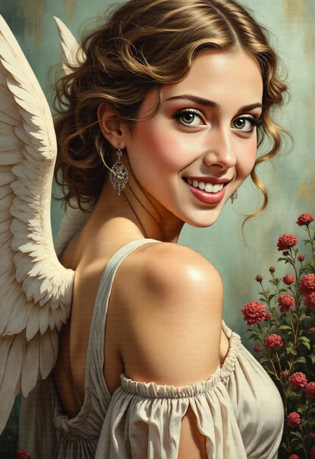 An exquisitely detailed closeup face and shoulders image of a female, Julia, side view, beautiful like an angel in fantasy style and in a fantastic mythological setting, background tones of silver and light green accentuated by the occasional small deep red flower, she is grinning and turning her head to look at the viewer.