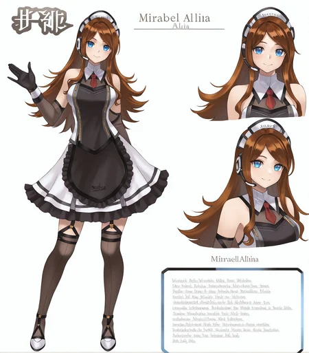 masterpiece, best quality,
1girl, solo,
<lora:MirabelAaltonKai_Illustrious:1>, Mirabel Aalton, blue eyes, brown hair, long hair, medium breasts, headset, red necktie, bare shoulders, sleeveless dress, apron, elbow gloves, garter straps, black thighhighs, white shoes, strappy heels,
looking at viewer, smile, simple background, white background, front view,
multiple views, concept art, character profile, character sheet, full body, side view, front view, rear view, upper body, portrait, closeup,