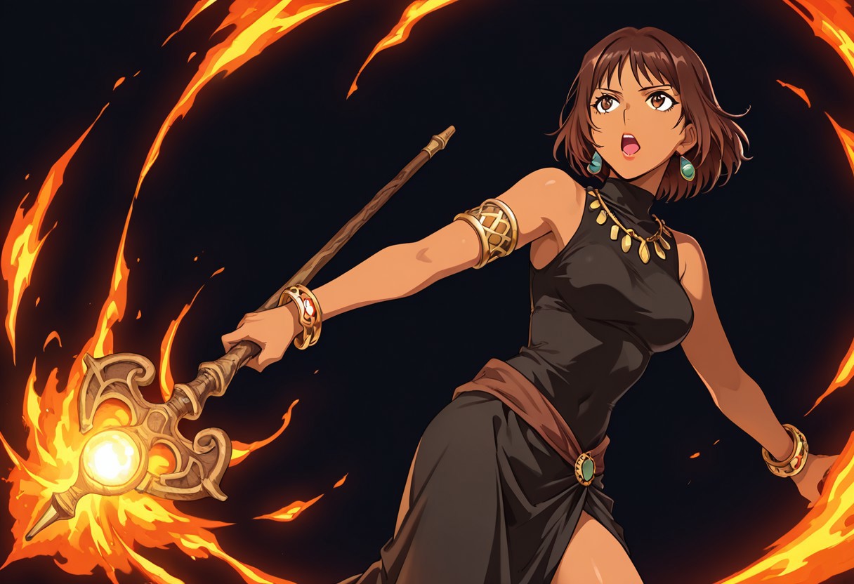 score_9,score_8_up,score_7_up,source_anime,5_figner,2d_animation,game cg,BREAK,1girl,solo,Milene,
short hair,brown eyes,brown hair,dark skin,lipstick,
bare shoulders,necklace,jewelry,armlet,staff,bracelet,long skirt,
medium breasts,openmouth,
black background,magical fire effect
masterpiece,best qualit,ultra-detailed,illustration,an extremely delicate and beautiful,beautiful detailed eyes,unity 8k wallpaper,high resolution,anime CG,official_art,