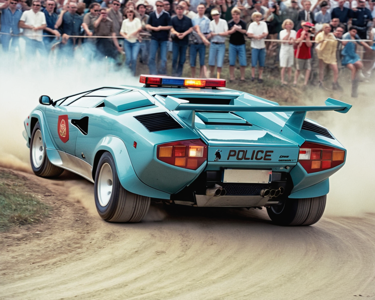 analog film photo car rally magazine photograph of a (police Lamborghini Countach:1.4) (((rally car))) jumping, big air time, rally jump, action motion blur dust LP5000 <lora:add-detail-xl:2> <lora:LP5000-SDXL-V1.2:1>, (police lights on the roof, searchlights on roof:1.3) . faded film, desaturated, 35mm photo, grainy, vignette, vintage, Kodachrome, Lomography, stained, highly detailed, found footage