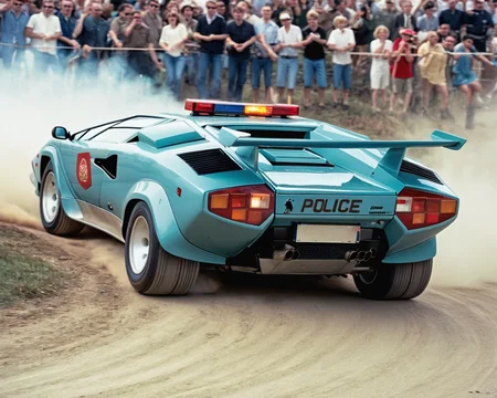 analog film photo car rally magazine photograph of a (police Lamborghini Countach:1.4) (((rally car))) jumping, big air time, rally jump, action motion blur dust LP5000 <lora:add-detail-xl:2> <lora:LP5000-SDXL-V1.2:1>, (police lights on the roof, searchlights on roof:1.3) . faded film, desaturated, 35mm photo, grainy, vignette, vintage, Kodachrome, Lomography, stained, highly detailed, found footage
