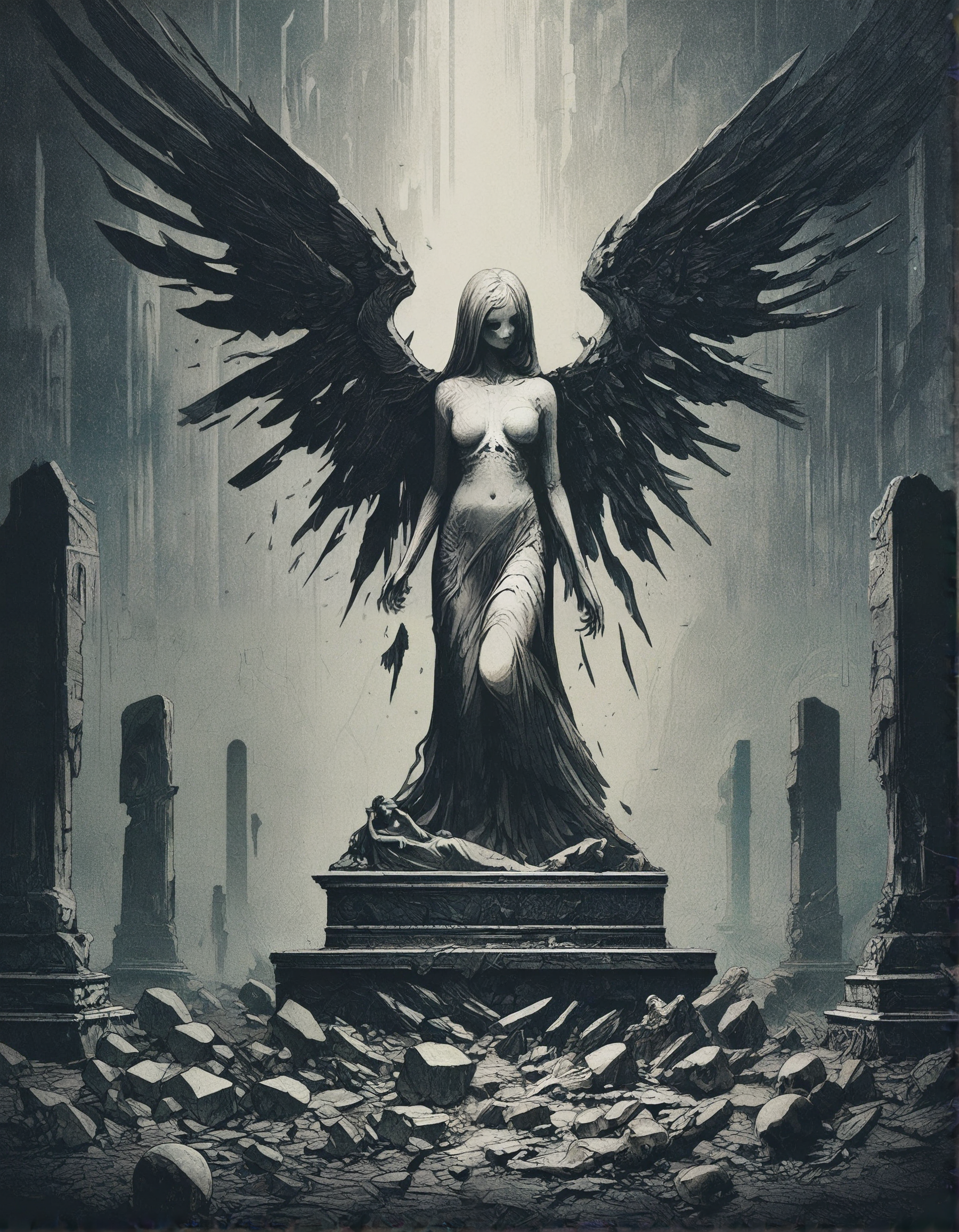 gothic, digital illustration, flat colors, line art, heavy film grain, fallen angel statue, woman, pretty, large bare breasts, marble, broken wings, skeletons, ancient ruins, vast barren landscape, dark atmosphere, eerie