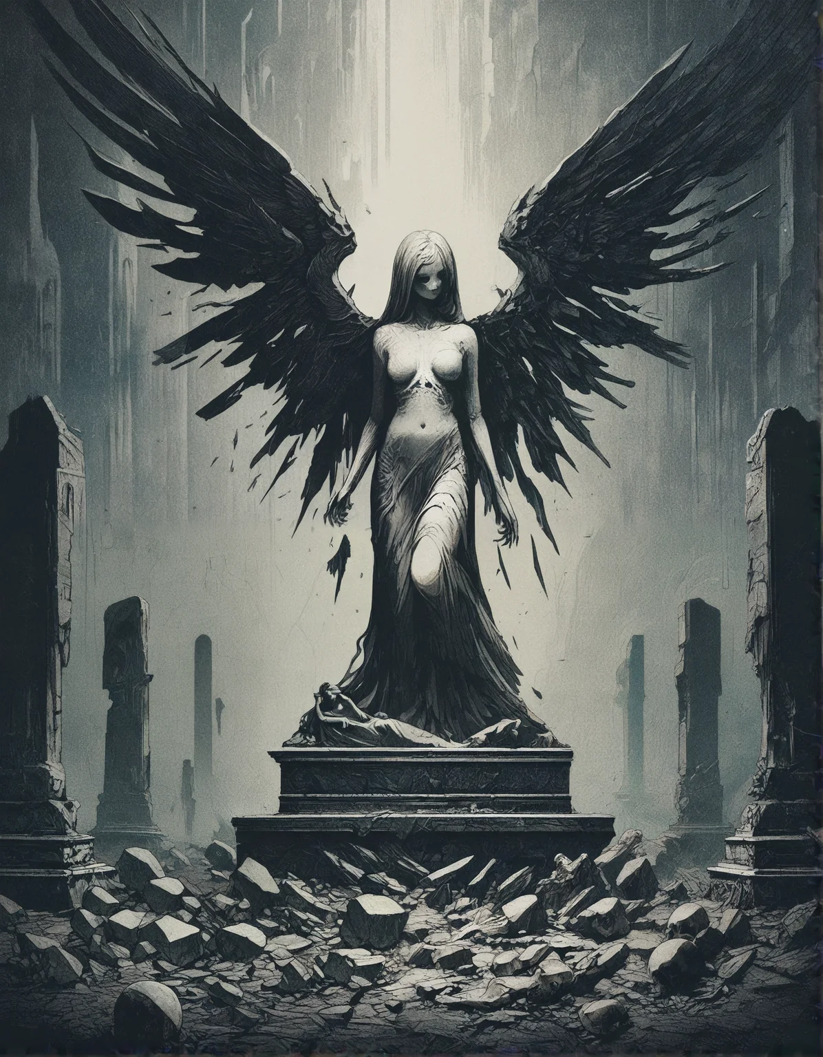 gothic, digital illustration, flat colors, line art, heavy film grain, fallen angel statue, woman, pretty, large bare breasts, marble, broken wings, skeletons, ancient ruins, vast barren landscape, dark atmosphere, eerie