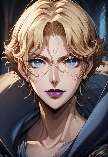 source_anime, (C4STL3V4NI4), ((score_9)),score_8_up,score_7_up,score_6_up,score_5_up,score_4_up,<lora:Castlevania_Style_Pony-v1:0.7>, Castlevania_Style, Castlevania Style, 1woman, brita_(darker_than_black), long_hair, blonde_hair, blue eyes, purple_lips, vampire,
