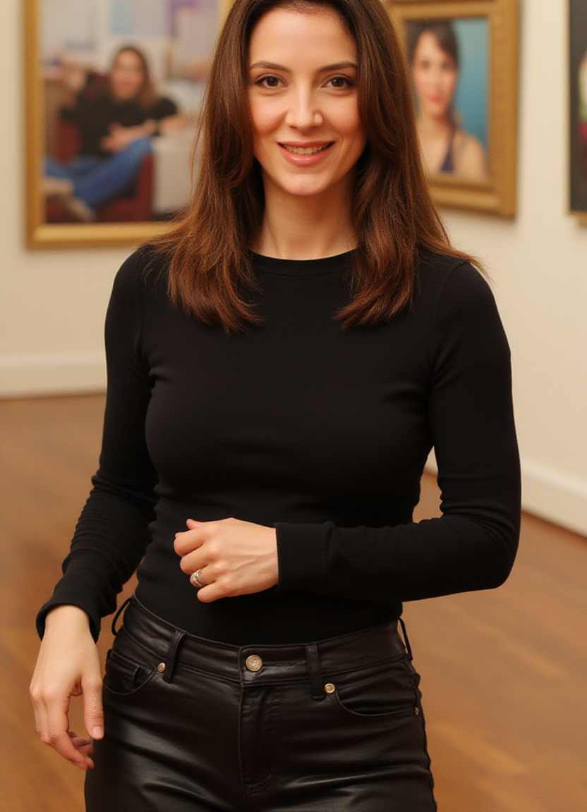 SFW, The image is a portrait of a woman standing in an art gallery. She is wearing a black long-sleeved top and black leather pants. She has long e hair that is styled in loose waves and is wearing minimal makeup. The woman is smiling and looking directly at the camera. In the background, there are several paintings hanging on the wall. The overall mood of the image is confident and relaxed., aidmaimageupgrader<lora:flux\custom\celebrity\frida-betrani.safetensors:1.0:1.0> <lora:turbo-8-step-flux.safetensors:0.5:0.5> <lora:flux\style\Common\aidmaImageUprader-FLUX-v0.3.safetensors:0.25:0.25>