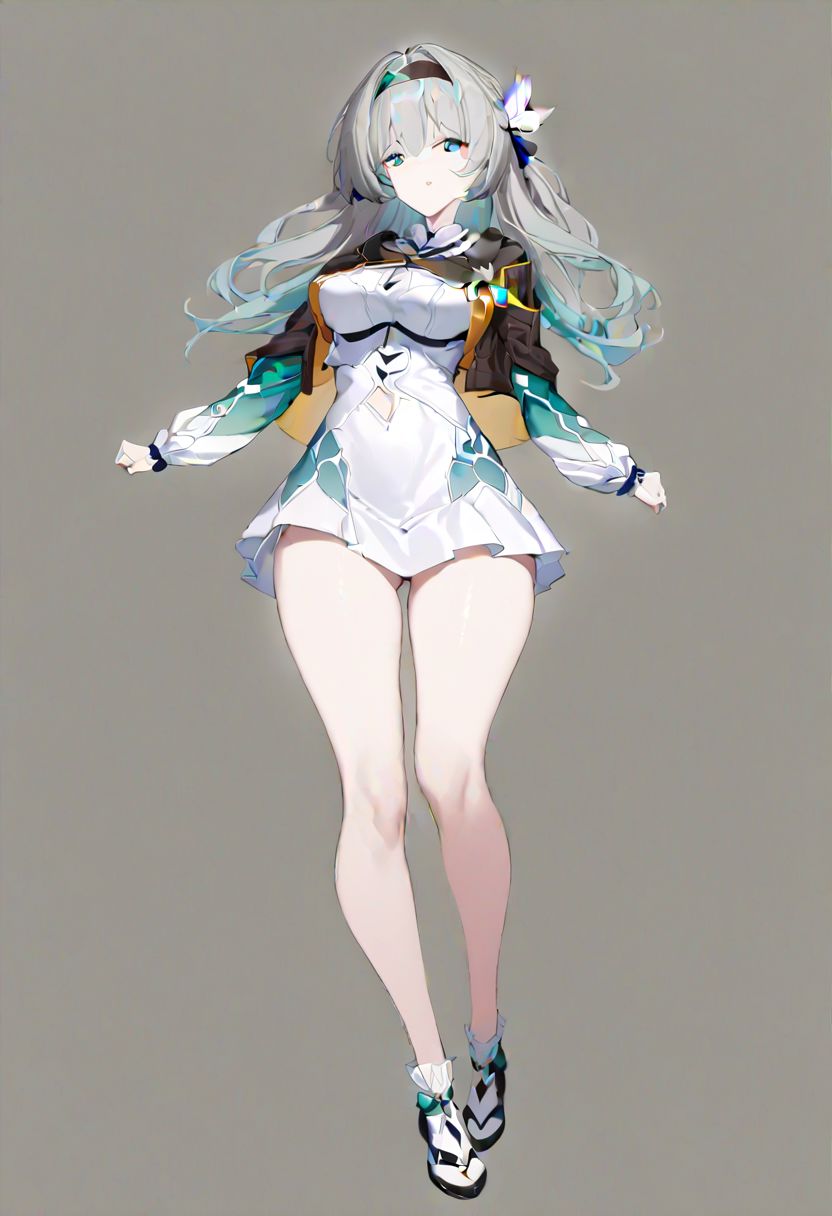 masterpiece, best quality, ultra-detailed, beautiful, nai3, 1girl, solo, full_body, tachi-e, 
firefly \(honkai: star rail\),1girl,solo,jacket,white dress,long sleeves,white flower,headband,