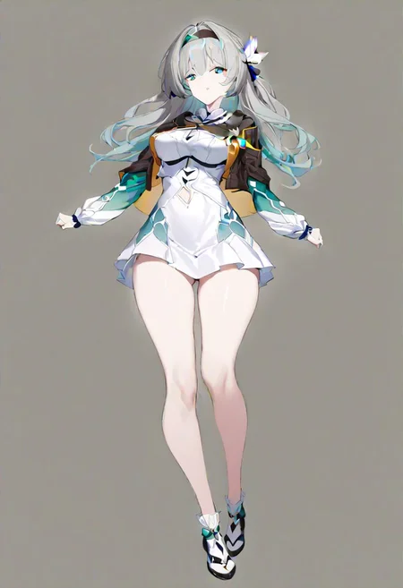 masterpiece, best quality, ultra-detailed, beautiful, nai3, 1girl, solo, full_body, tachi-e, 
firefly \(honkai: star rail\),1girl,solo,jacket,white dress,long sleeves,white flower,headband,