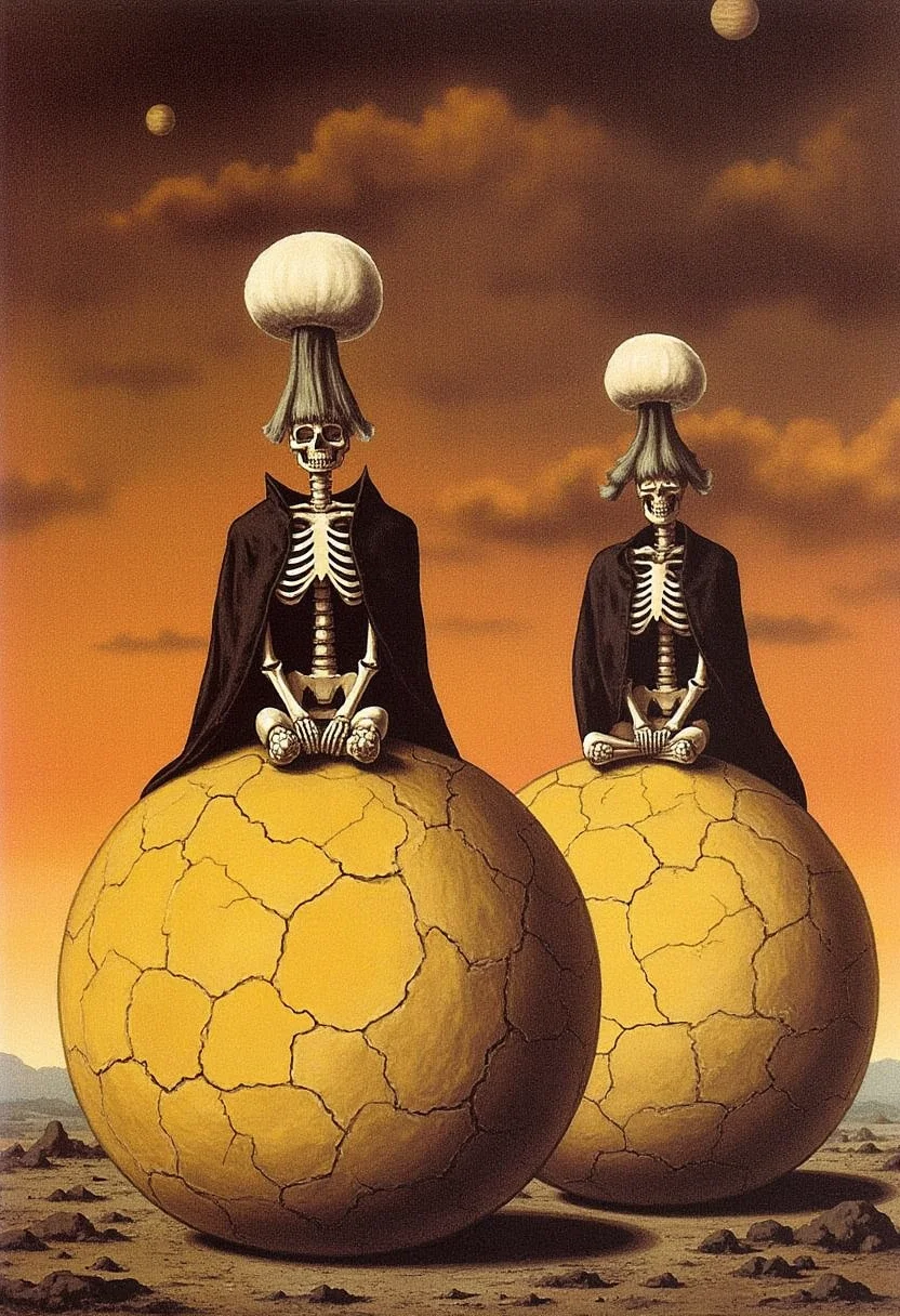 yfg-magritte A surreal alien landscape with two skeletal figures sitting atop cracked, glowing orbs covered in strange organic textures. The sky is filled with swirling, otherworldly hues of orange and brown, with distant planets visible. The skeletons wear mushroom-like growths on their heads and cloaks, blending eerily with the alien environment, evoking a hauntingly mystical, sci-fi vibe.