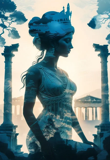 silhouette of a priestess princess filled with a greek temple scenery, double exposure, crisp lines, double exposure background, hyperdetailed, concept art