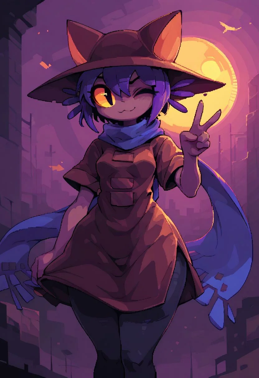 score_9, score_8_up, score_7_up, score_6_up, score_5_up, score_4_up BREAK
1girl, solo, niko \(oneshot\), slit pupils, yellow sclera, black pupils, purple hair, purple cat ears, petite, dark-skinned female, small breasts, wide hips, thick thighs, cat hat, blue scarf, brown dress, short sleeves, black legwear, leggings, standing, V, smile, closed mouth, wink, night city, purple background, d3p1x3l, pixel art,