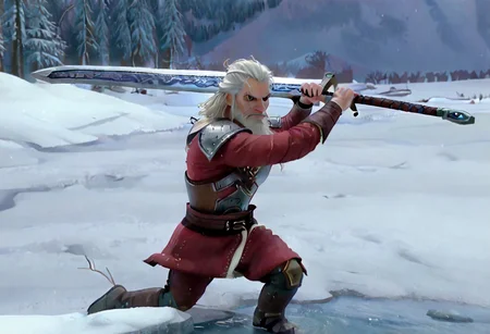 geralt as a (r0b0t_s4nta_c1aus), holding a sword, solo,
high guard sword parry stance, incoming vertical sword attack
at a frozen lake,
game screenshot,
looking at the camera,
sfw