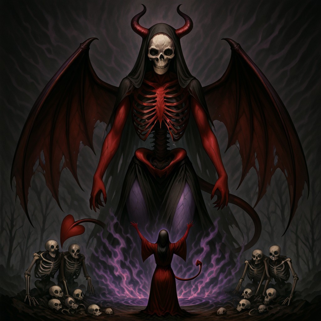 masterpiece, best quality, newest, absurdres, highres, anime, anime style, 1girl, demon girl, Purple skin, 
1girl, red skin, red colored skin, demon girl, succubus, demon horns, horns, demon wings, demon tail, wings, horror (theme), monster girl, skull, skull mask, bones, skeleton, veil, veiled face, mask,
, giantess giant, size difference
