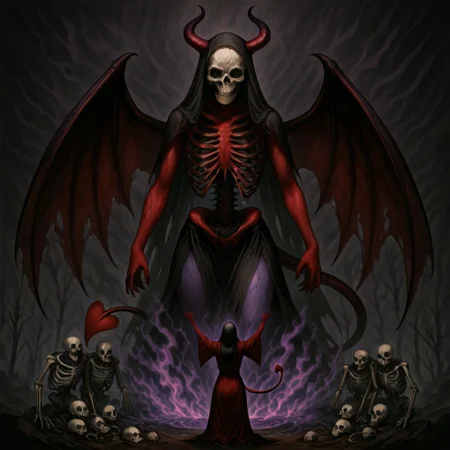 masterpiece, best quality, newest, absurdres, highres, anime, anime style, 1girl, demon girl, Purple skin,
1girl, red skin, red colored skin, demon girl, succubus, demon horns, horns, demon wings, demon tail, wings, horror (theme), monster girl, skull, skull mask, bones, skeleton, veil, veiled face, mask,
, giantess giant, size difference