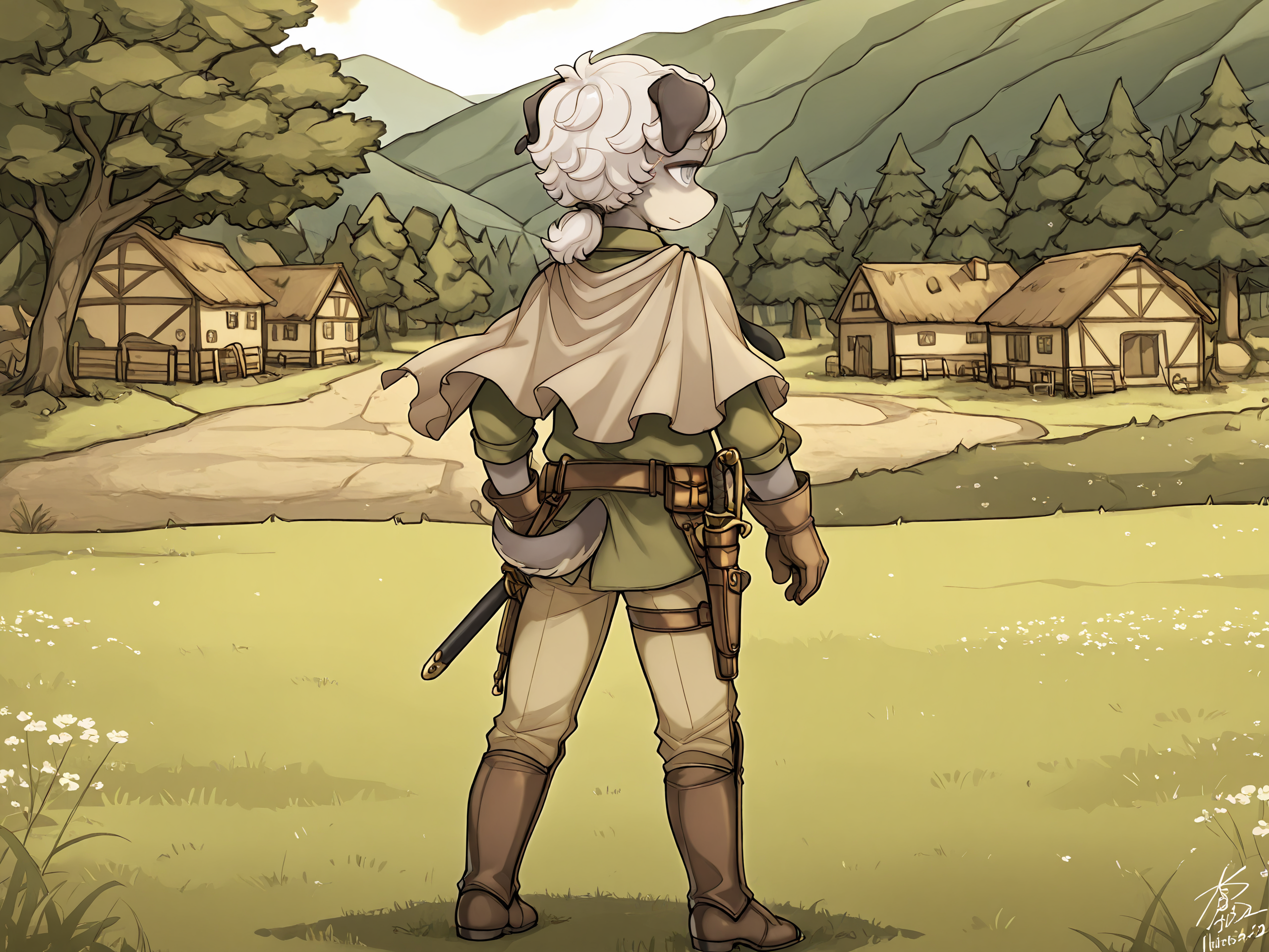 BREAK, <lora:Britz_Strudel:1>, britz strudel, fuga: melodies of steel, kemono, furry male, young male, 1boy, dog boy, grey fur, beige fur, multicolored fur, grey eyes, short hair, white hair, scar above right eye, animal ears, dog ears, floppy ears, dog tail, brown tail, Fuga 2 appearance, wavy hair, soft curls, ponytail,
BREAK, Fuga 2 Outift, brown shoes, brown leg guards, khaki pants, olive green button-up shirt, rugged cape, beige cape, black necktie, brown gloves, utility belt, pouches, gun holster, sword, sheathed,
BREAK, solo, full body, outside, rear view, meadow, grass, trees, village, standing