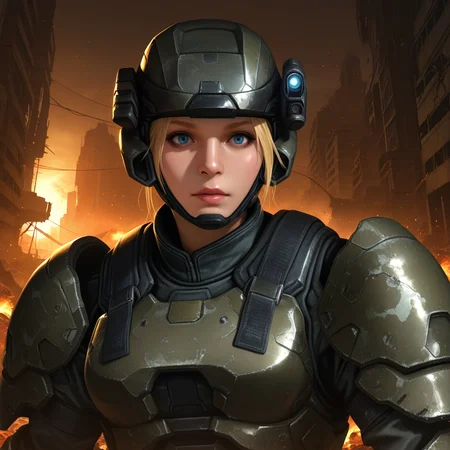 Masterpiece, high-res, 2k, best quality, 2.5d, realistic, 1 girl , fem marine, helmet, headlight , armor, blonde hair, blue eyes , realistic, military, gray camouflage, black balaclava, face cover , scifi , medium shot, in a destroyed city<lora:fem_marine_illus-000049:1>