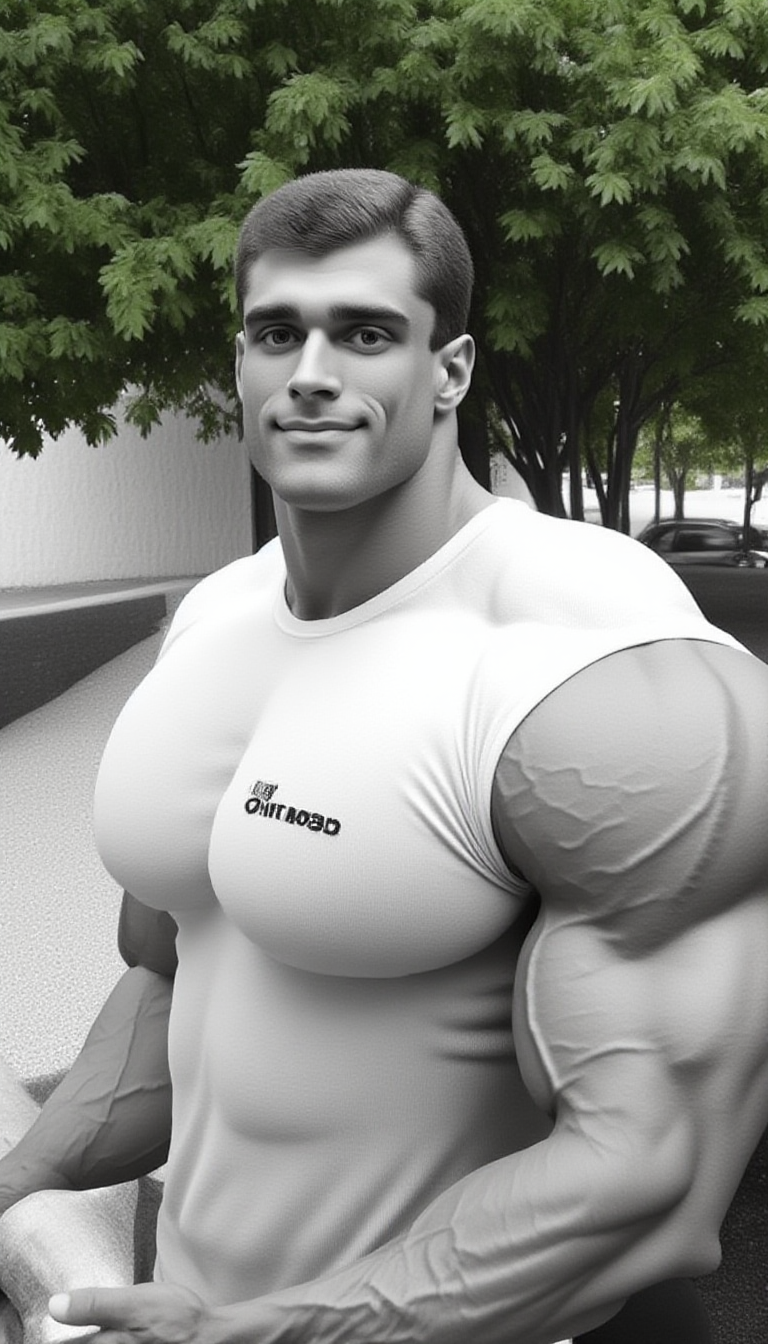 This black-and-white photograph features a  youngish (18-25) masculine @wssngr1 male muscular man standing outdoors in a park-like setting. The man has perfect hands, is positioned slightly to the right of center, has a well-defined, extremely muscular physique with bulging biceps and a broad chest. He is wearing white short sleave shirt with branded text "chrome188"  that accentuates his muscular build, and his short, dark hair is neatly combed back. His expression is confident and slightly serious.
In the background, lush green foliage with leaves and trees can be seen, suggesting a park or garden setting. The lighting is natural, likely from the sun, casting soft shadows that enhance the texture of his skin and the definition of his muscles. To the left of the man, there is a white, textured surface, possibly a wall or part of a building, adding a contrasting element to the image.
The photograph is signed in the bottom left corner with the text "CHROME188." The overall style is classic, with a focus on the man's physique and the natural environment. The image is high-contrast, emphasizing the details of the man's body and the textures of the foliage. The composition is slightly tilted, giving a dynamic and engaging feel to the photograph.
<lora:Hand v2:1><lora:@brtlmss1.v4.style.solo.flux1d_epoch_1:1.2><lora:JohnWessinger.v1.char.@wssngr1.flux1d_epoch_3:0.9>