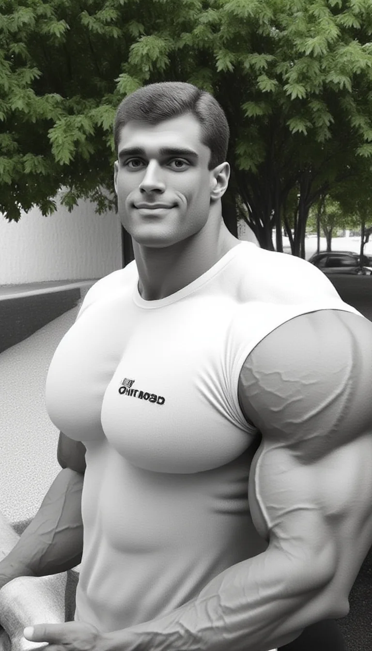 This black-and-white photograph features a youngish (18-25) masculine @wssngr1 male muscular man standing outdoors in a park-like setting. The man has perfect hands, is positioned slightly to the right of center, has a well-defined, extremely muscular physique with bulging biceps and a broad chest. He is wearing white short sleave shirt with branded text "chrome188" that accentuates his muscular build, and his short, dark hair is neatly combed back. His expression is confident and slightly serious.
In the background, lush green foliage with leaves and trees can be seen, suggesting a park or garden setting. The lighting is natural, likely from the sun, casting soft shadows that enhance the texture of his skin and the definition of his muscles. To the left of the man, there is a white, textured surface, possibly a wall or part of a building, adding a contrasting element to the image.
The photograph is signed in the bottom left corner with the text "CHROME188." The overall style is classic, with a focus on the man's physique and the natural environment. The image is high-contrast, emphasizing the details of the man's body and the textures of the foliage. The composition is slightly tilted, giving a dynamic and engaging feel to the photograph.
<lora:Hand v2:1><lora:@brtlmss1.v4.style.solo.flux1d_epoch_1:1.2><lora:JohnWessinger.v1.char.@wssngr1.flux1d_epoch_3:0.9>
