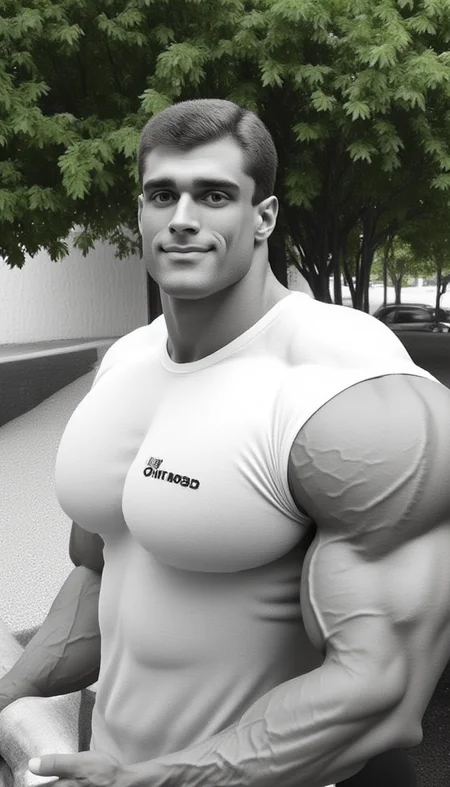 This black-and-white photograph features a youngish (18-25) masculine @wssngr1 male muscular man standing outdoors in a park-like setting. The man has perfect hands, is positioned slightly to the right of center, has a well-defined, extremely muscular physique with bulging biceps and a broad chest. He is wearing white short sleave shirt with branded text "chrome188" that accentuates his muscular build, and his short, dark hair is neatly combed back. His expression is confident and slightly serious.
In the background, lush green foliage with leaves and trees can be seen, suggesting a park or garden setting. The lighting is natural, likely from the sun, casting soft shadows that enhance the texture of his skin and the definition of his muscles. To the left of the man, there is a white, textured surface, possibly a wall or part of a building, adding a contrasting element to the image.
The photograph is signed in the bottom left corner with the text "CHROME188." The overall style is classic, with a focus on the man's physique and the natural environment. The image is high-contrast, emphasizing the details of the man's body and the textures of the foliage. The composition is slightly tilted, giving a dynamic and engaging feel to the photograph.
<lora:Hand v2:1><lora:@brtlmss1.v4.style.solo.flux1d_epoch_1:1.2><lora:JohnWessinger.v1.char.@wssngr1.flux1d_epoch_3:0.9>