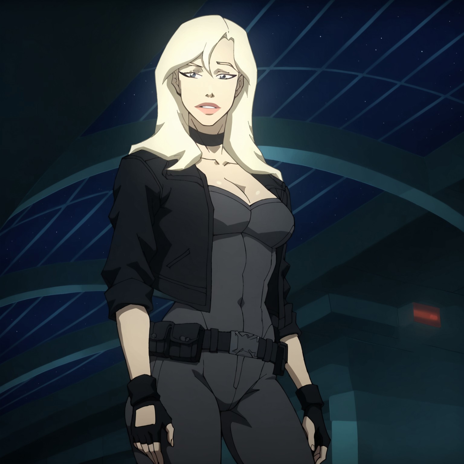 safe_pos, standing, solo, 1girl, makeup, BlackCanary, hair between eyes, long hair, looking at viewer, sexy pose, medium breasts, 